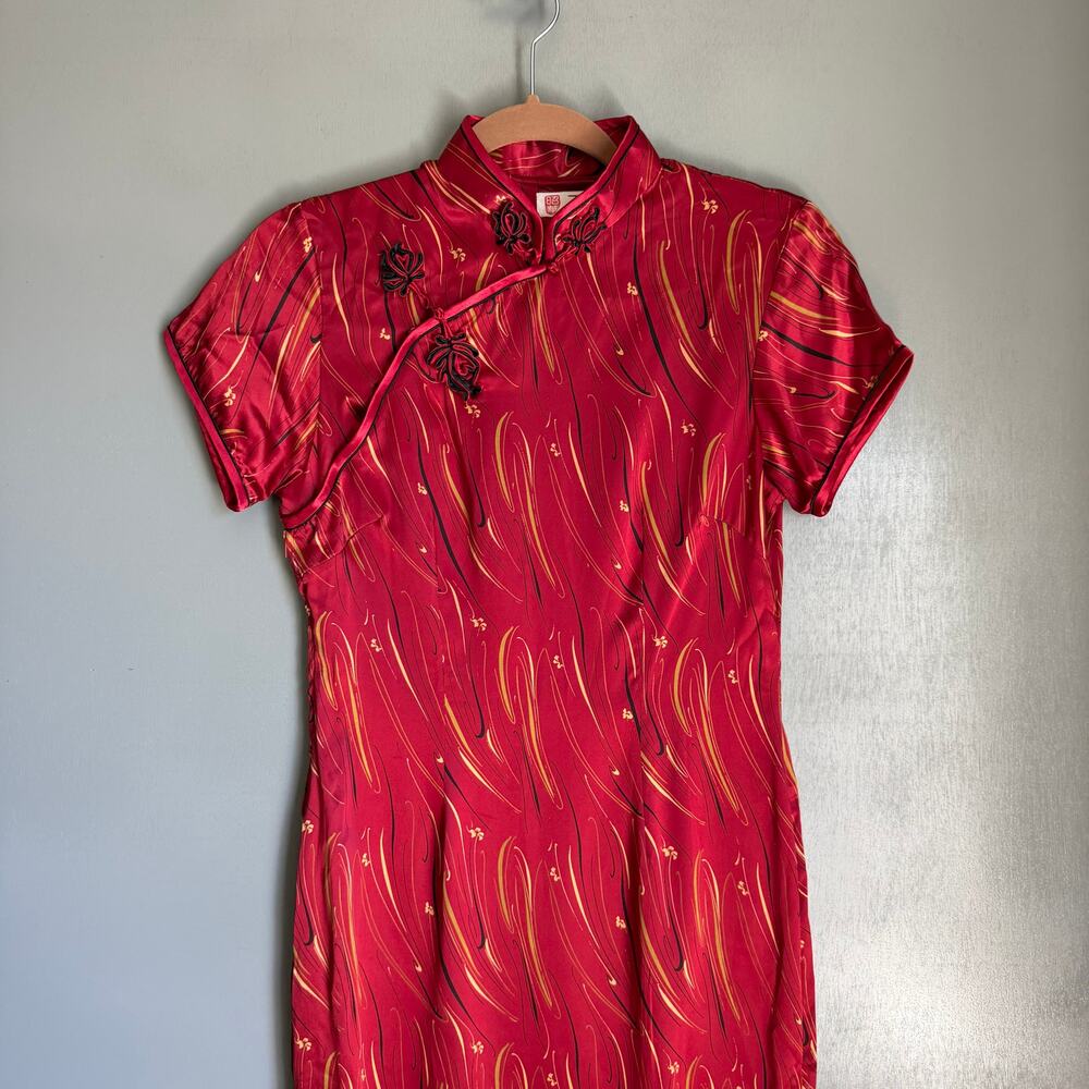 Vintage Chinese Qipao Women's XS/32 Red Black 100% Dress Mandarin Collar Retro - Picture 2 of 12